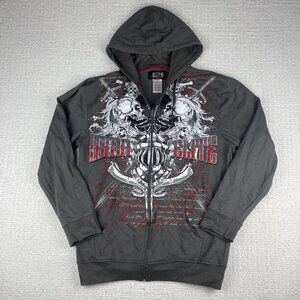 MMA Elite Hoodie Gray Full Zip Up Small Y2K Goth Skulls Punk Affliction Style